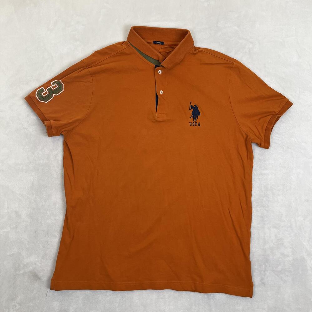 USPA Polo Shirt Mens Large Orange Stretch Pique Knit Logo 3 Sleeve Patch Y2K
